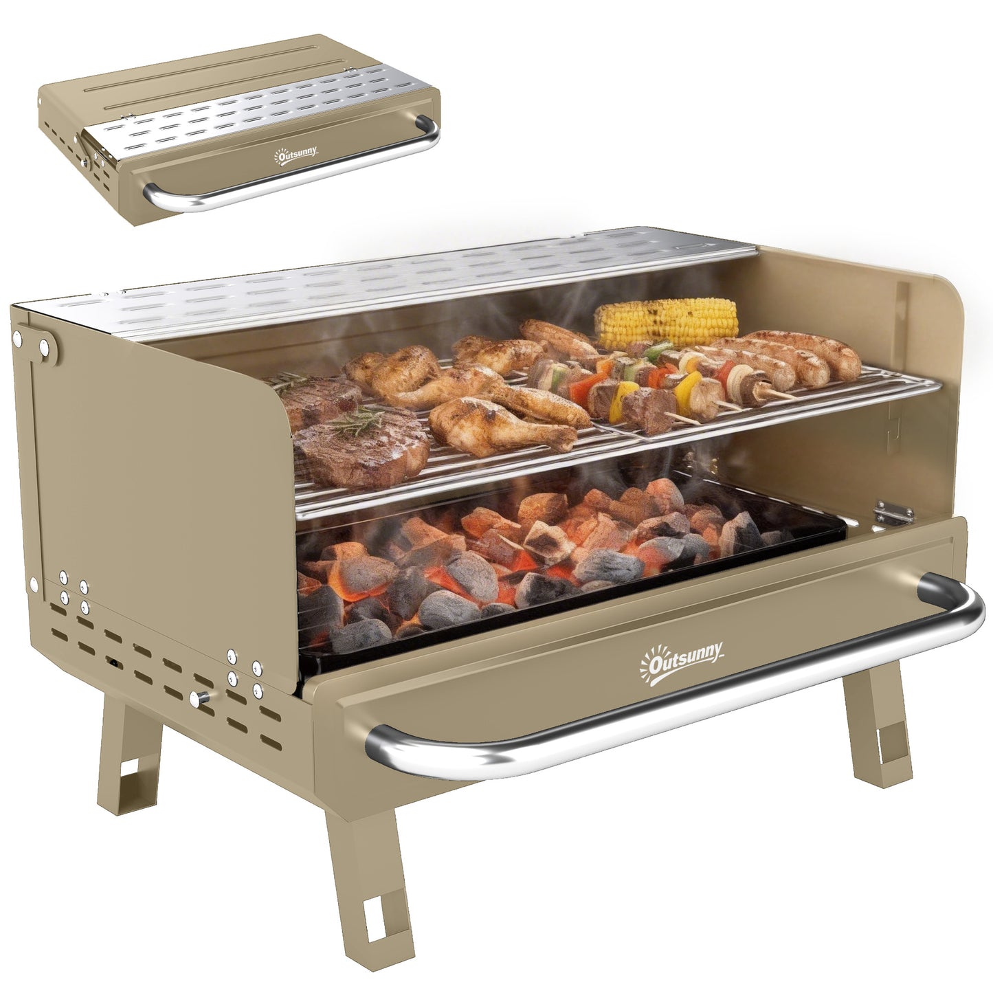 Portable Barbecue Grill with Adjustable Grates for Camping, Khaki