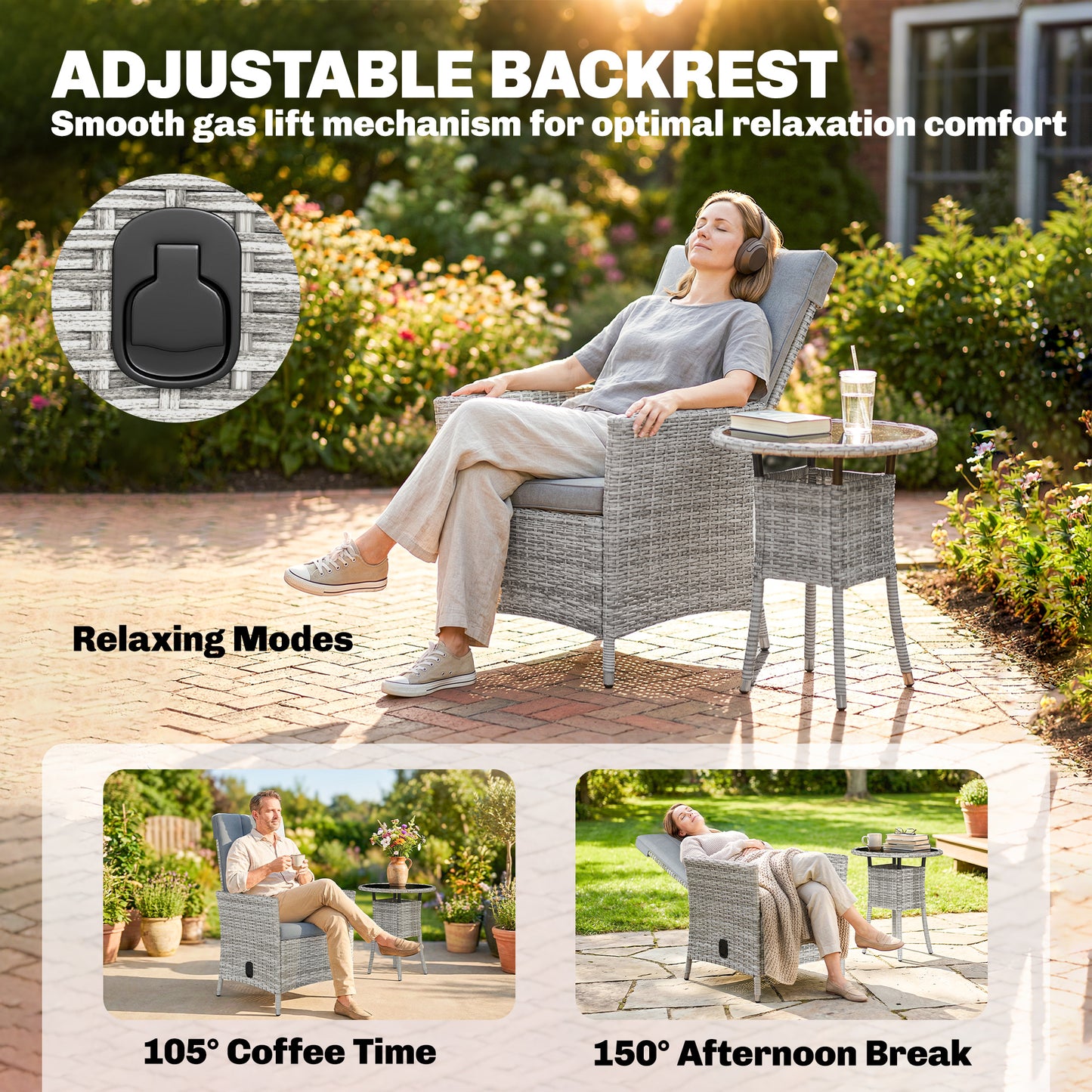Rattan Bistro Set, Reclining Garden Chairs and Table, Light Grey