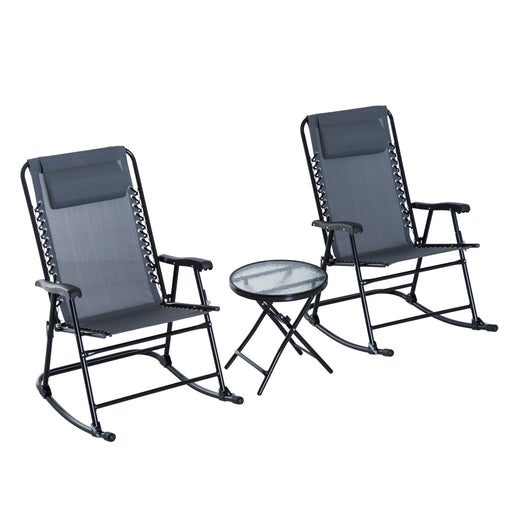 3 Piece Outdoor Rocking Set with 2 Folding Chairs and 1 Tempered Glass Table, Patio Bistro Set for Garden, Deck, Grey