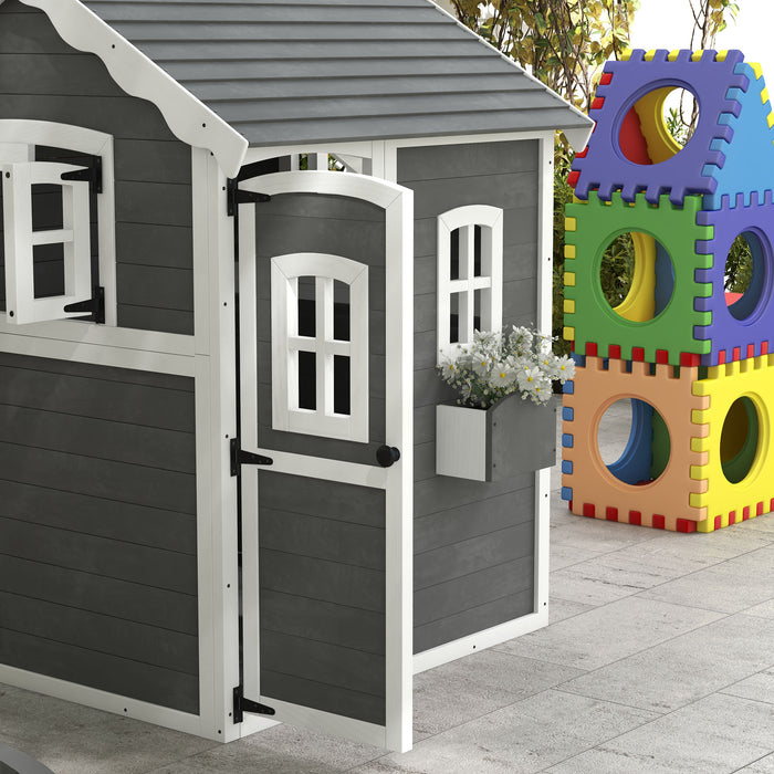 Wooden Playhouse for Kids with Doors, Windows, Plant Box, Floors, for 3-8 Years Old, Garden, Lawn, Patio, Grey