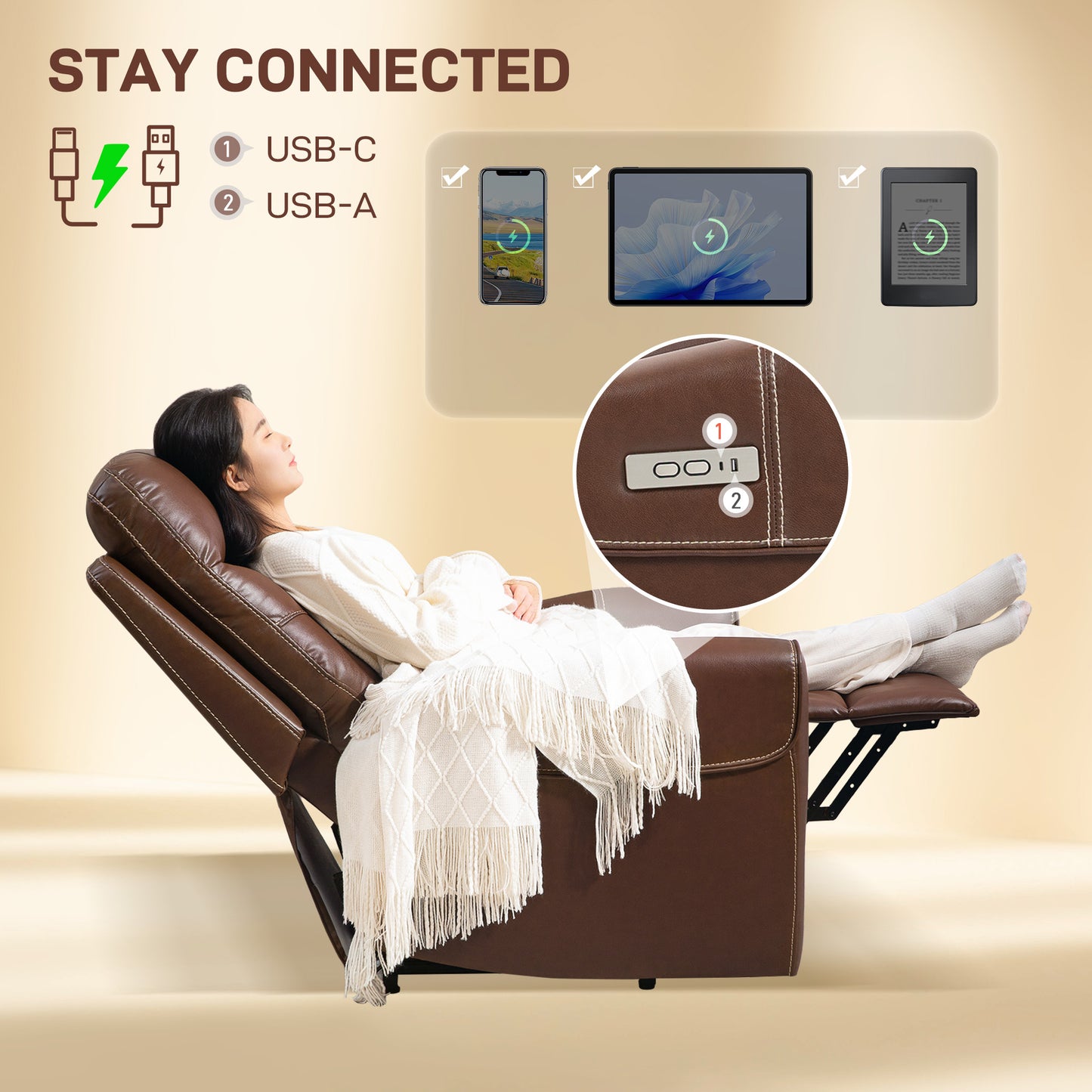 Overstuffed Riser and Reclining Chair with USB Ports, Remote, Brown