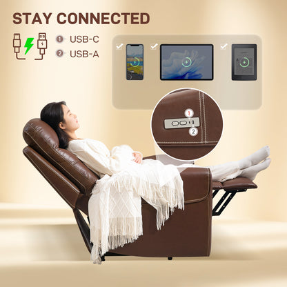 Overstuffed Riser and Reclining Chair with USB Ports, Remote, Brown