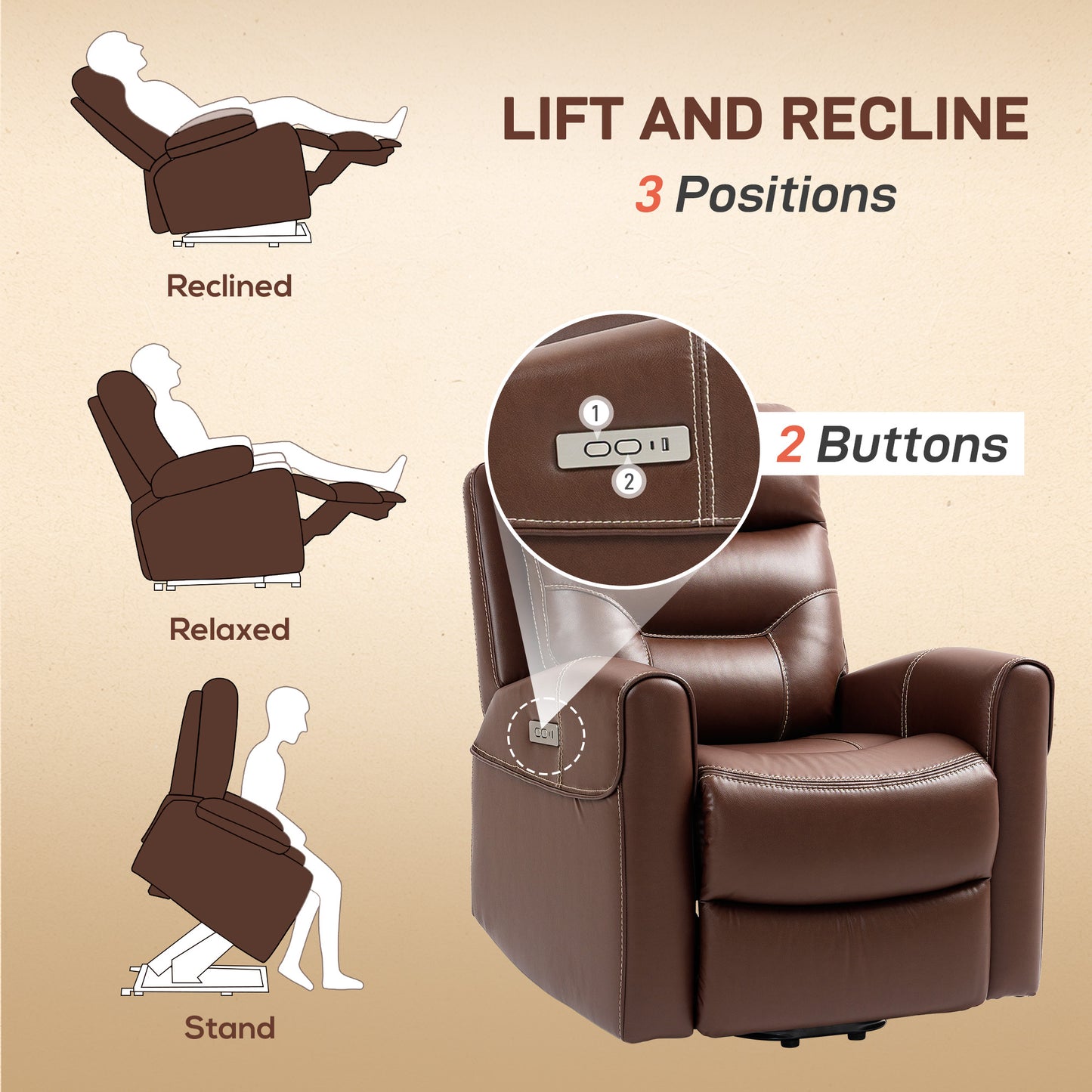 Overstuffed Riser and Reclining Chair with USB Ports, Remote, Brown