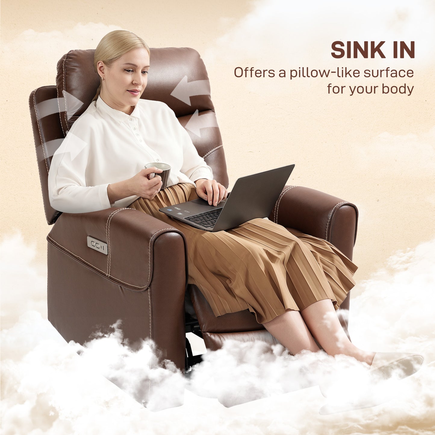 Overstuffed Riser and Reclining Chair with USB Ports, Remote, Brown