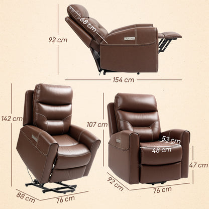 Overstuffed Riser and Reclining Chair with USB Ports, Remote, Brown