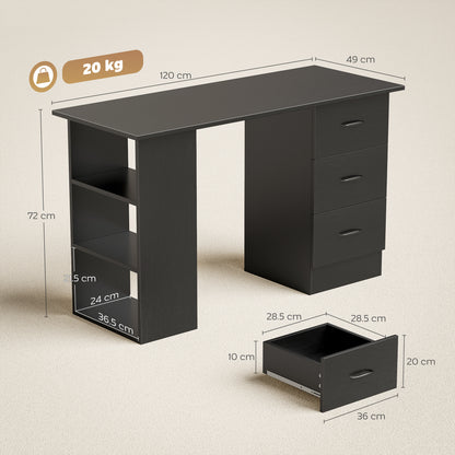 120cm PC Table Workstation Computer Desk w/ Drawers, 3 Shelves Black