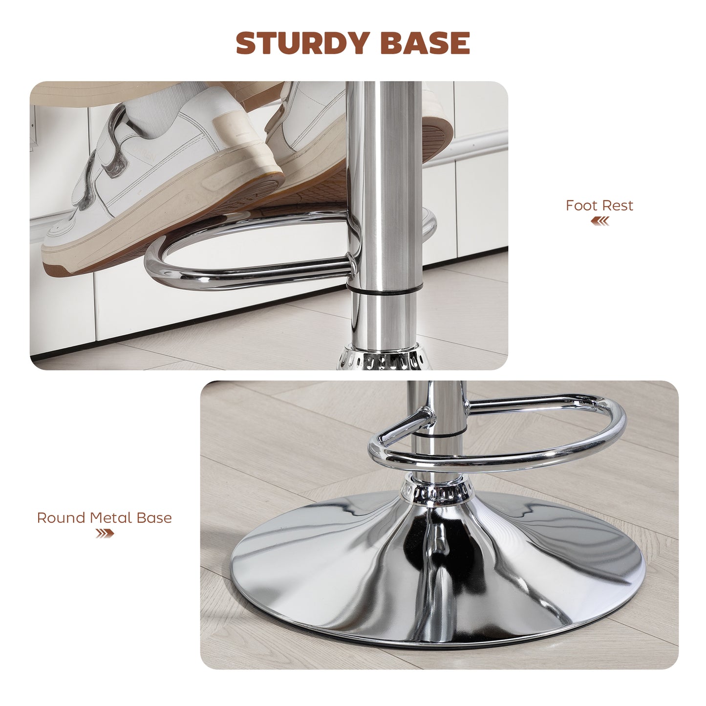 Adjustable Height Barstool Steel Pole PU Leather, Brown