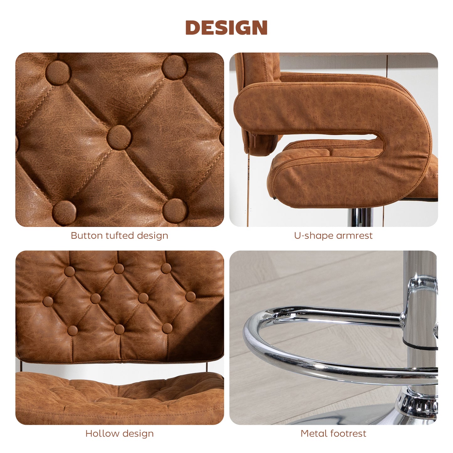 Adjustable Height Barstool Steel Pole PU Leather, Brown