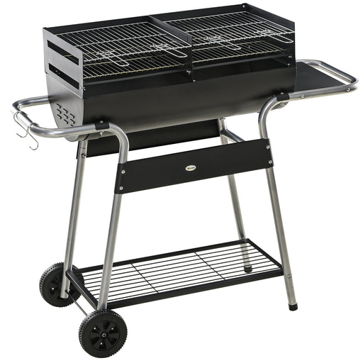 Charcoal Barbecue Grill Garden BBQ Trolley w/ Adjustable Grill Height, Double Grill, Side Table, Storage Shelf and Wheels, Black