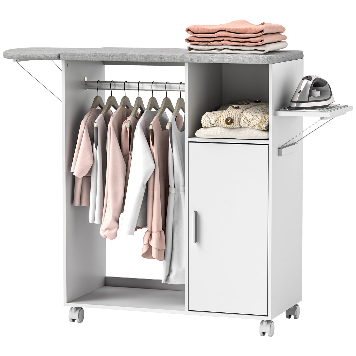 Rolling Ironing Board Cabinet, Foldable Ironing Station with Storage