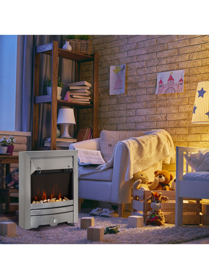 Electric Fireplace Stainless Steel 2KW Heater LED Fire Flame Silver