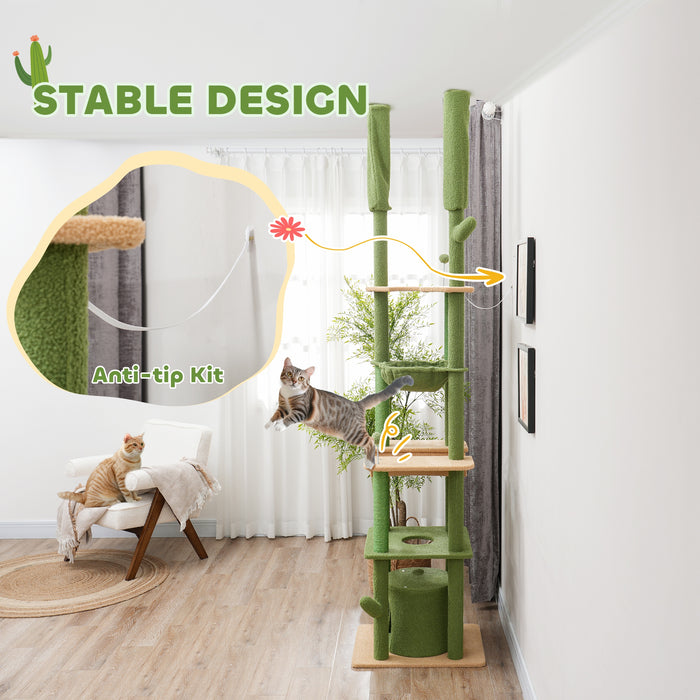 225-255Hcm Floor to Ceiling Cat Tree w/ Hammocks, Condo - Green