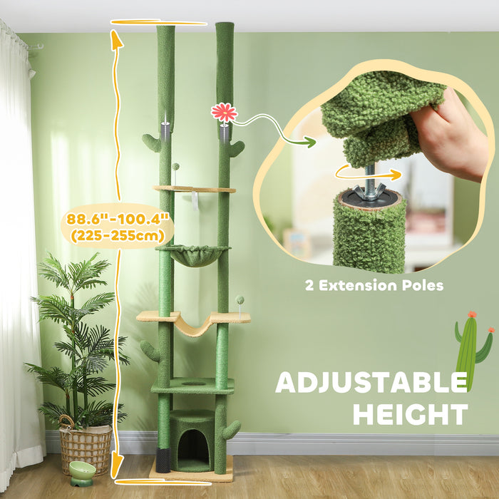 225-255Hcm Floor to Ceiling Cat Tree w/ Hammocks, Condo - Green