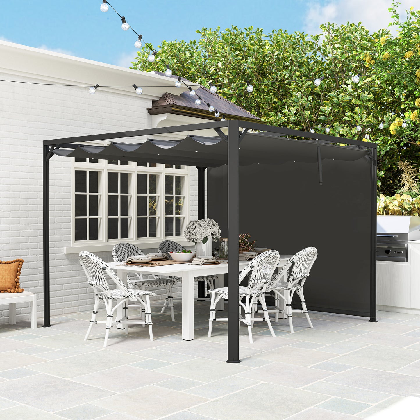 3 x 3(m) Pergola with Retractable Roof & Roller Shade, Dark Grey