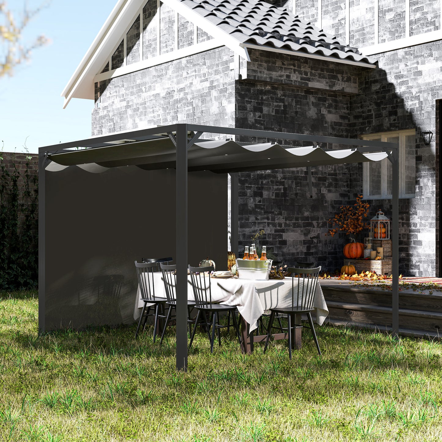 3 x 3(m) Pergola with Retractable Roof & Roller Shade, Dark Grey