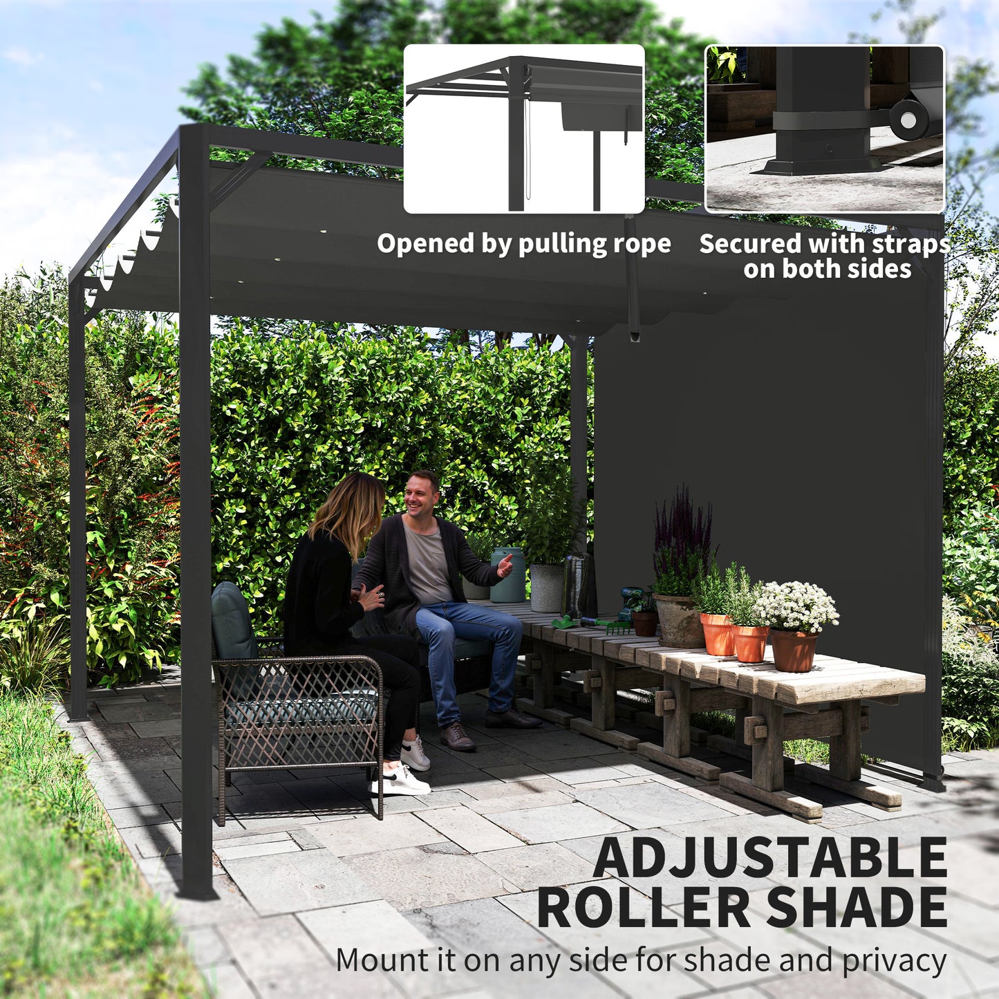 3 x 3(m) Pergola with Retractable Roof & Roller Shade, Dark Grey