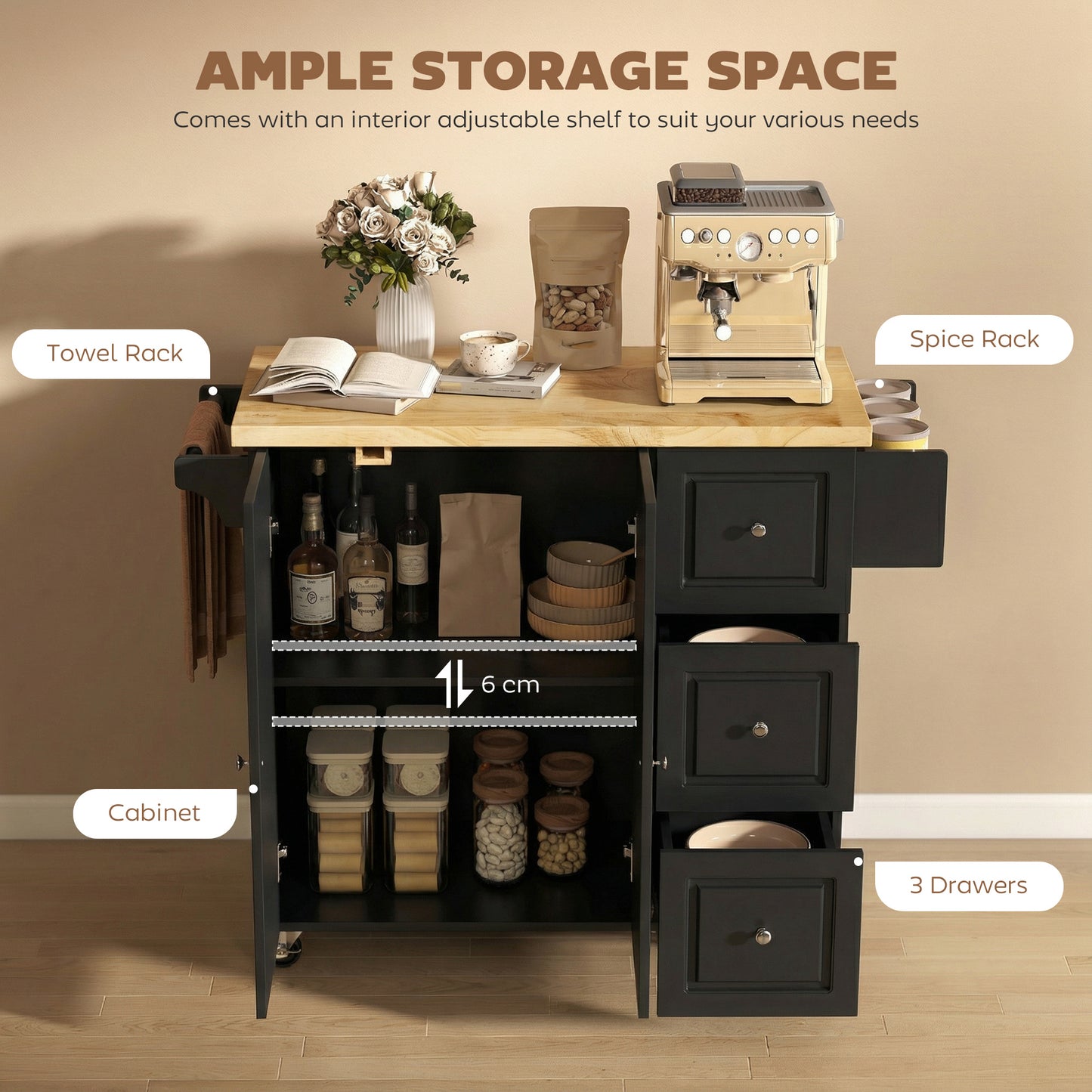 Rolling Kitchen Island, Kitchen Storage Trolley w/ Drop Leaf, Drawers