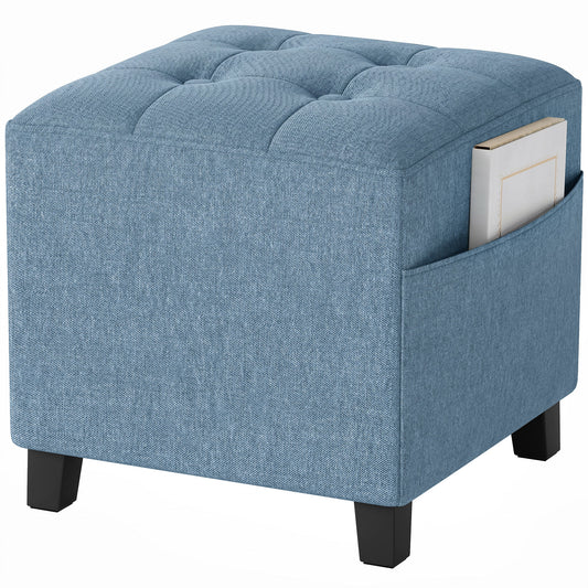 Square Footstool, Small Ottoman with Side Pocket, Linen-look Fabric Footrest Foot Stool with Rubber Wood Legs and Padded Seat for Living Room, Bedroom, Entryway, 35 x 35 x 35cm, Dark Blue