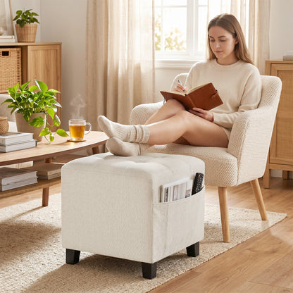 Square Footstool, Small Ottoman with Side Pocket, Linen-look Fabric Footrest Foot Stool with Rubber Wood Legs and Padded Seat for Living Room, Bedroom, Entryway, 35 x 35 x 35cm, Beige