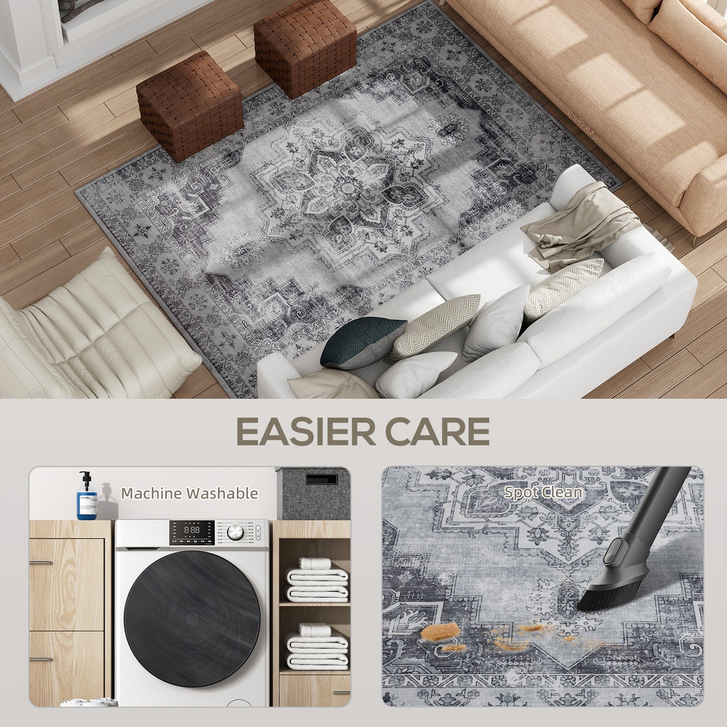 Flannel Non-Slip Washable Rug for Living Room, 230 x 160 cm, Grey