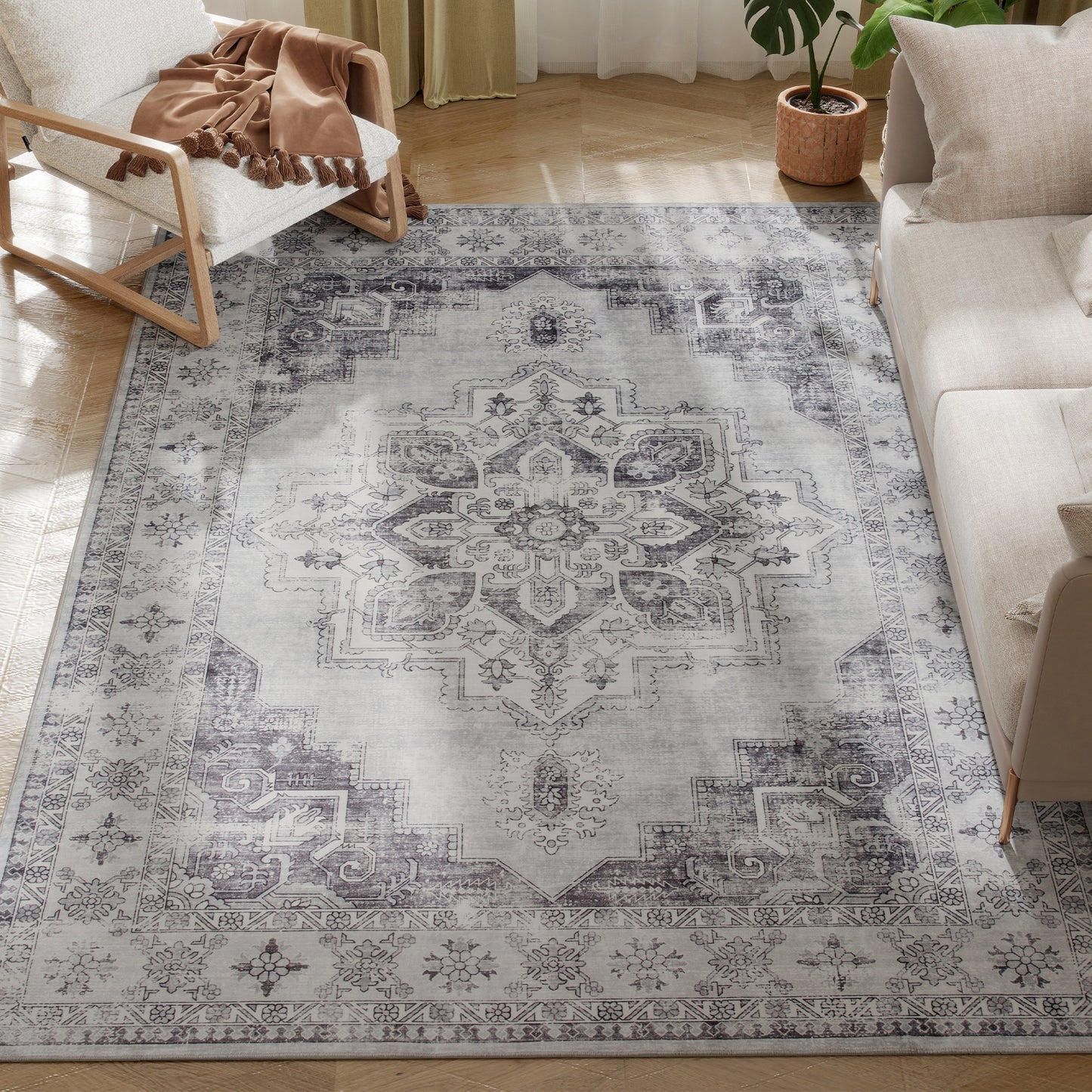 Flannel Non-Slip Washable Rug for Living Room, 230 x 160 cm, Grey