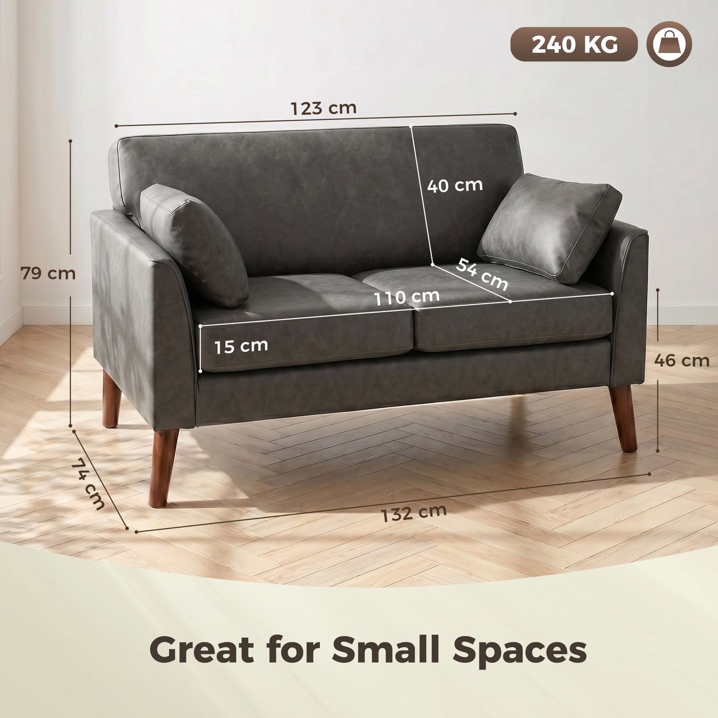 2 Seater Sofa, 132 cm Modern Small Sofa, PU Leather Upholstered Loveseat with Solid Wood Legs and 2 Pillows, Couch Settee for Small Space, Living Room, Bedroom, Home Office, Grey