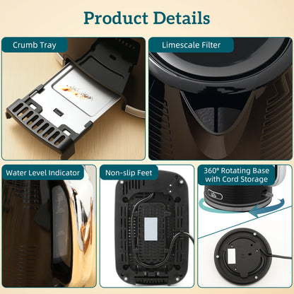 1.7L 3000W Rapid Boil Kettle and 2 Slice Toaster Set Crumb Tray Black