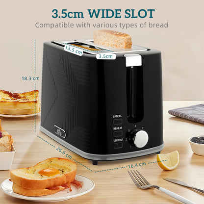 1.7L 3000W Rapid Boil Kettle and 2 Slice Toaster Set Crumb Tray Black