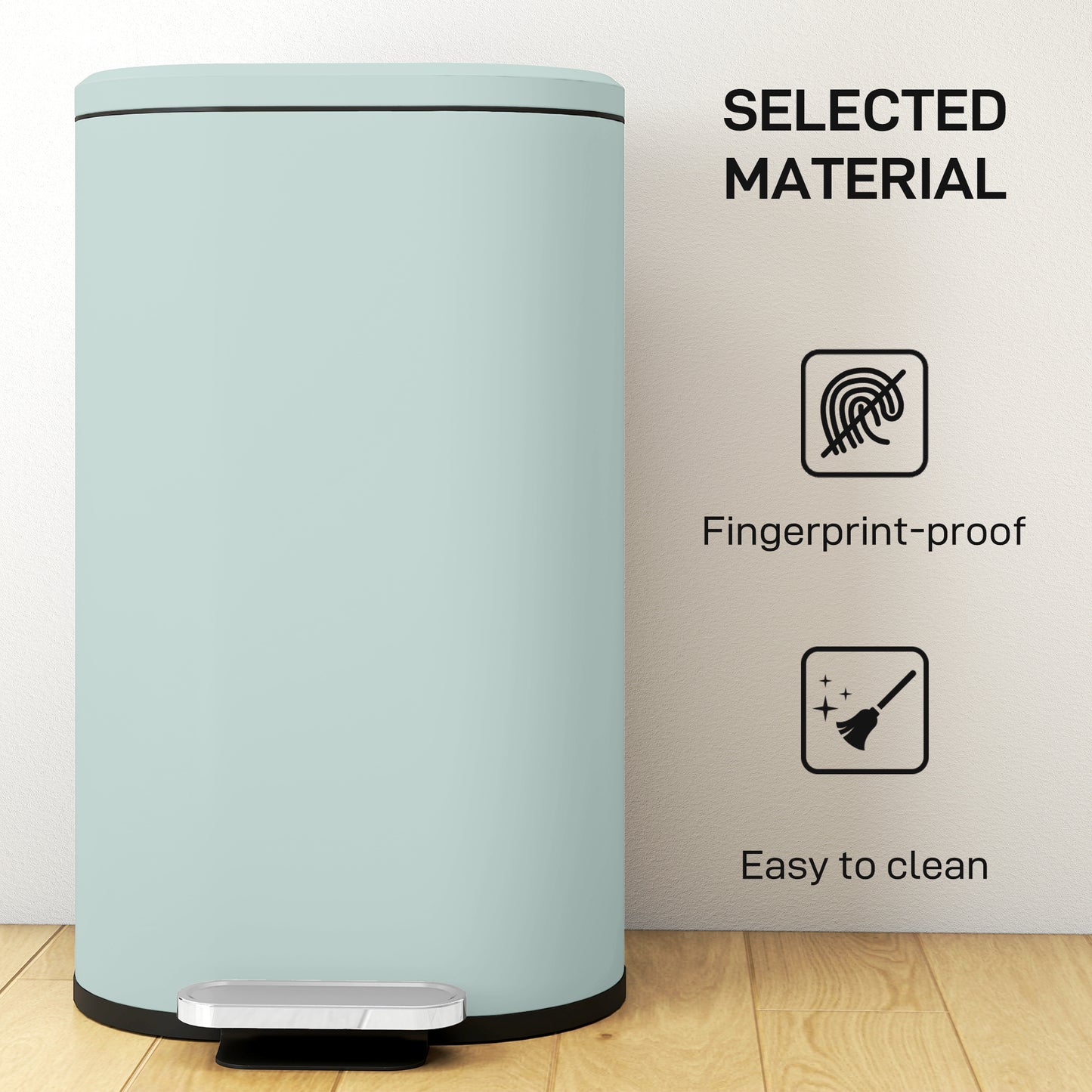 Slim Rectangular Pedal Bin with Soft-Close Lid, 30L Kitchen Bin Green