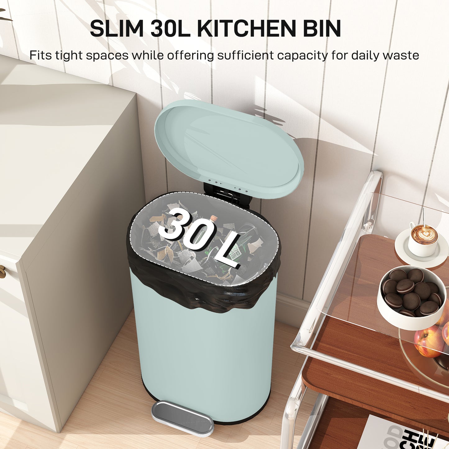 Slim Rectangular Pedal Bin with Soft-Close Lid, 30L Kitchen Bin Green