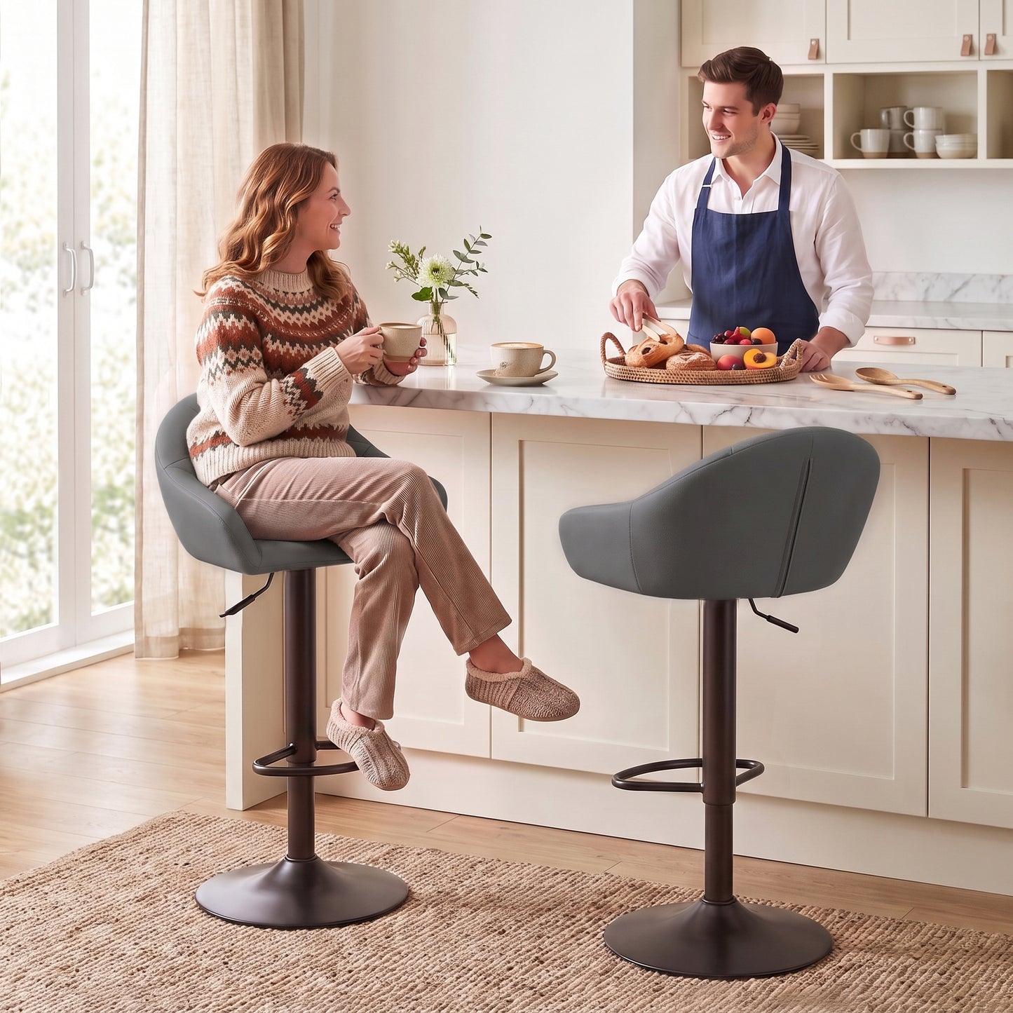 Bar Stools Adjustable Height Backrest Set of 2, Grey