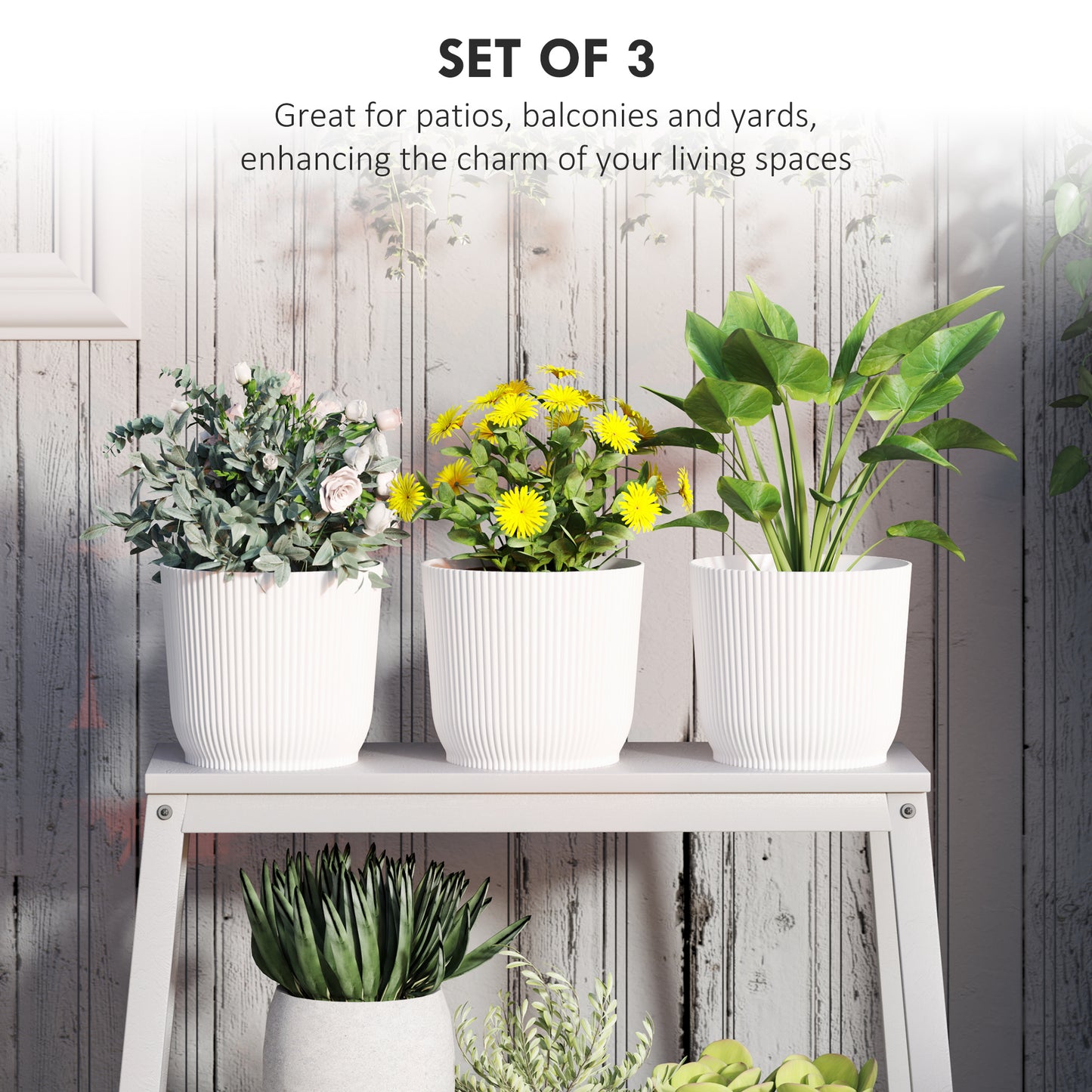 Set of 3 Round Plant Pots Outdoor 22cm for Garden, White