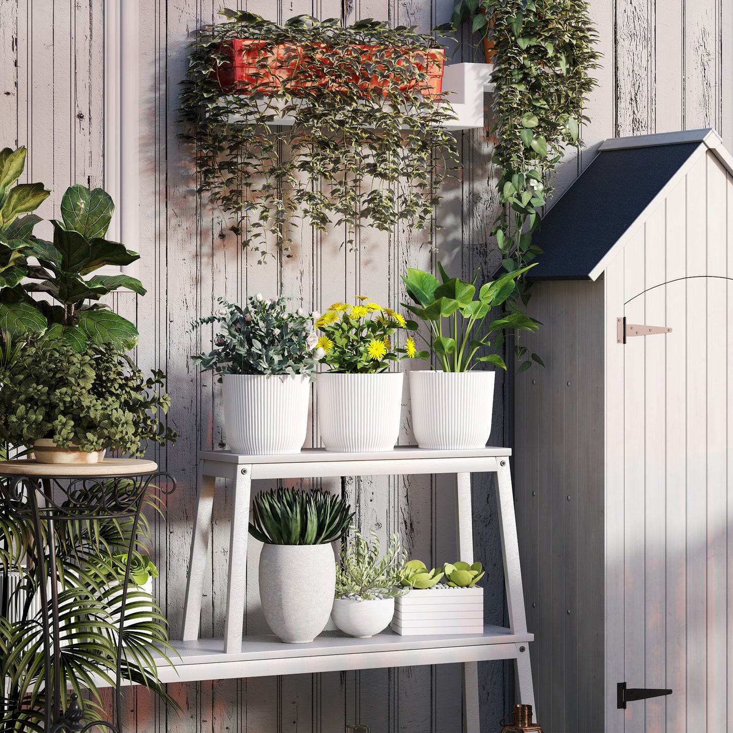 Set of 3 Round Plant Pots Outdoor 22cm for Garden, White