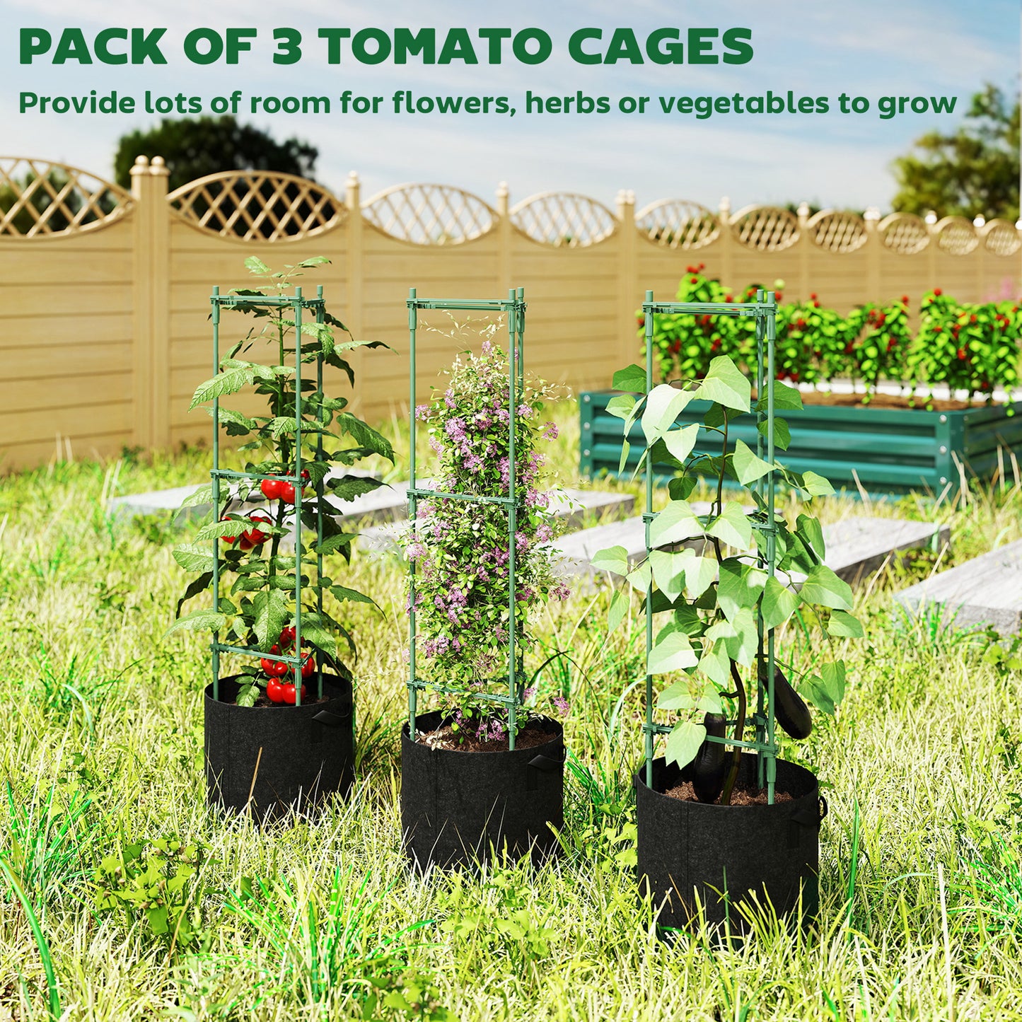 3 Packs Tomato Cages with 83.7L Grow Bags, 120cm Adjutstable Triangle Plant Stakes Support Trellis with Planter Bags, Garden Cucumber Trellis Plant Cages for Climbing Plants, Fruits