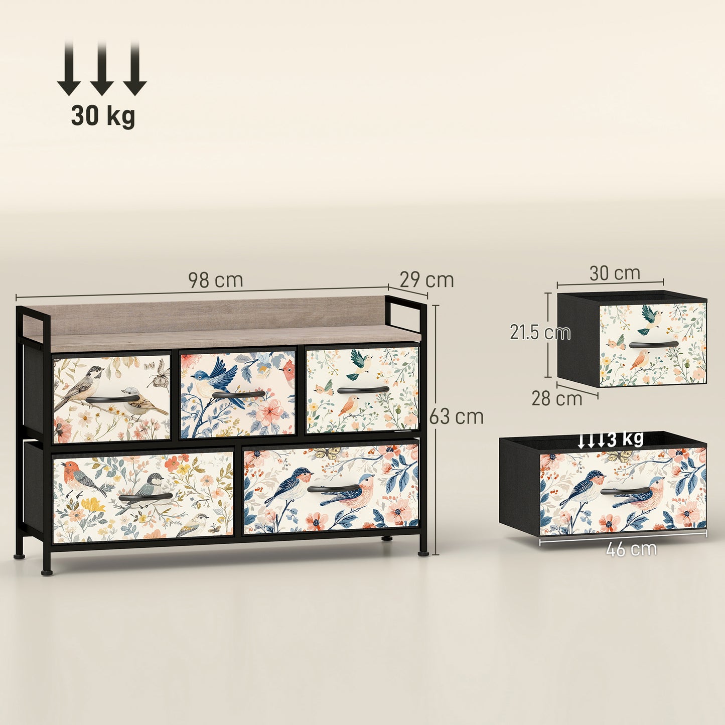 5-Drawer Chest of Drawers, Fabric Dresser, White