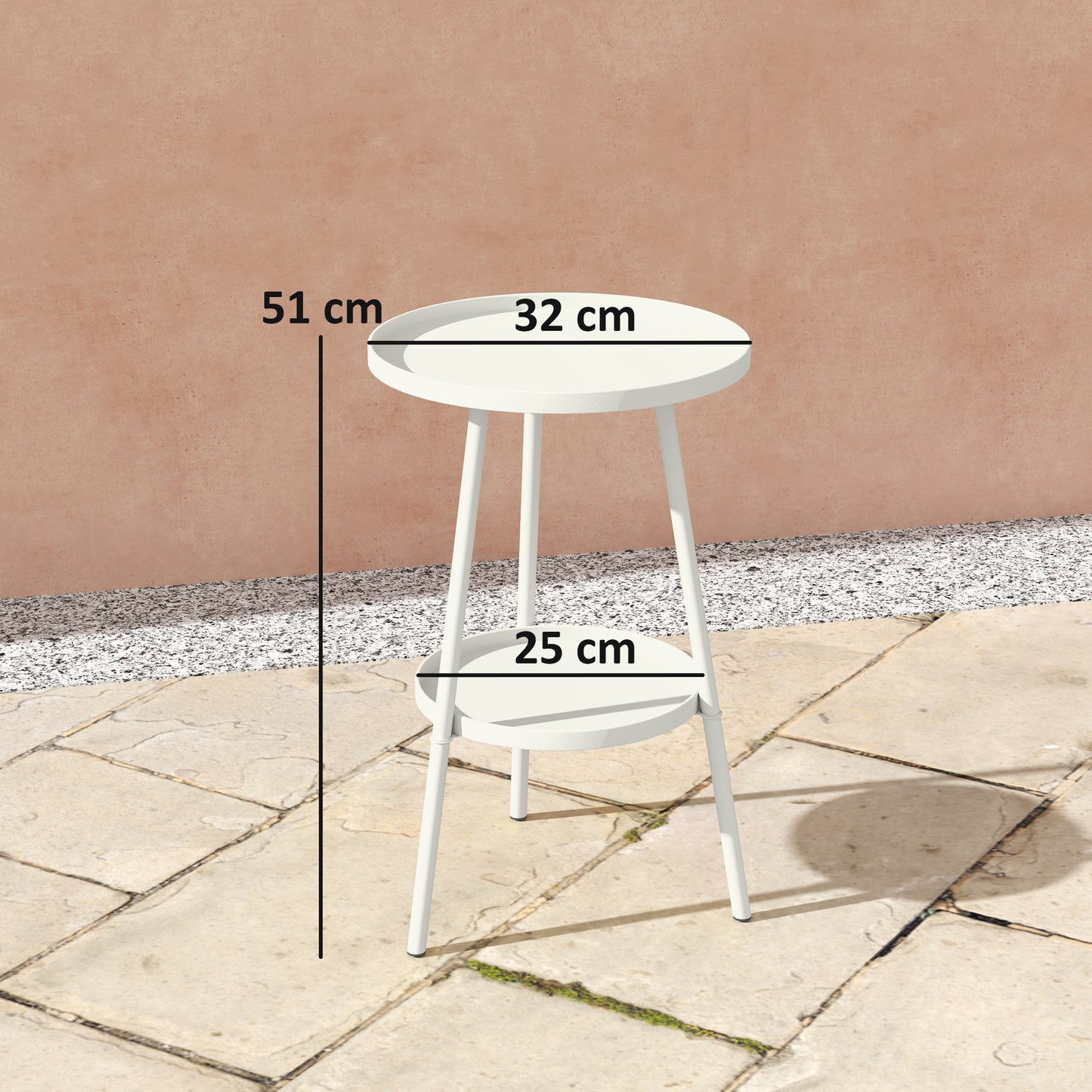 Round Garden Table, 2-Tier Metal Patio Table Coffee Table, White
