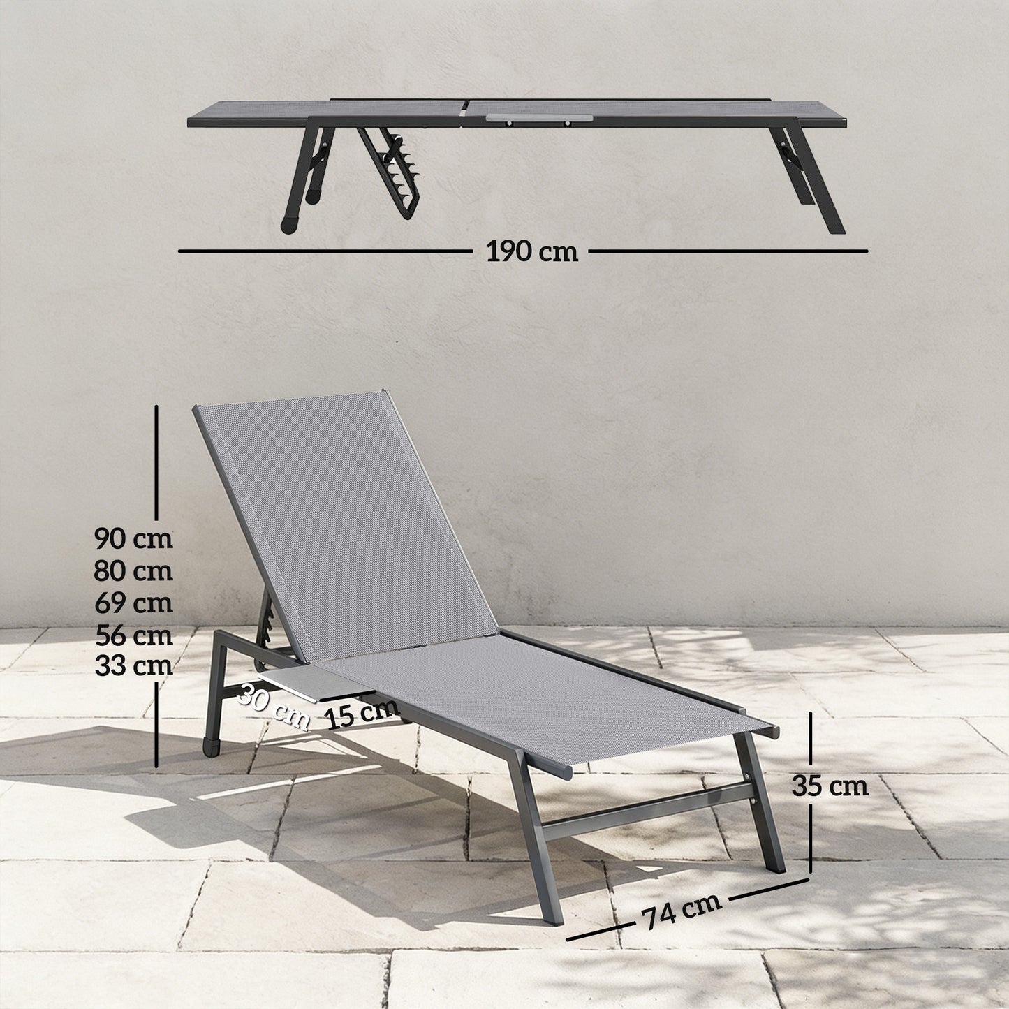 Sun Loungers for Garden Set of 2 with Side Tray Table, Grey