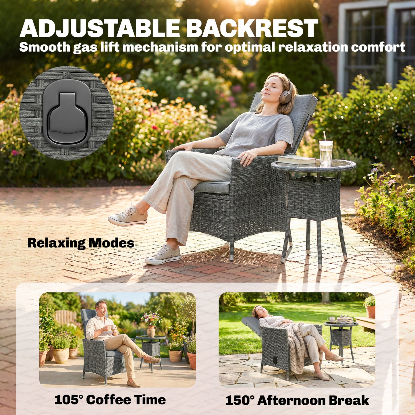 Rattan Bistro Set, Reclining Garden Chairs and Table, Grey