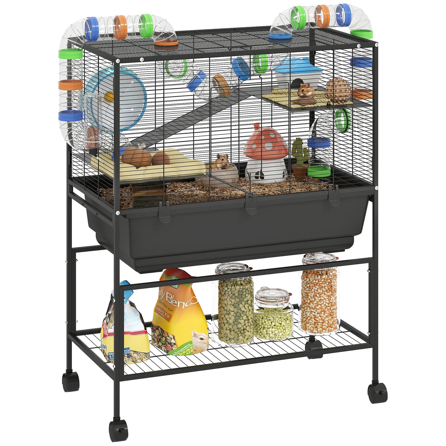 Hamster Cage, 3 Tier Gerbil Cage on Wheels with Storage Shelf