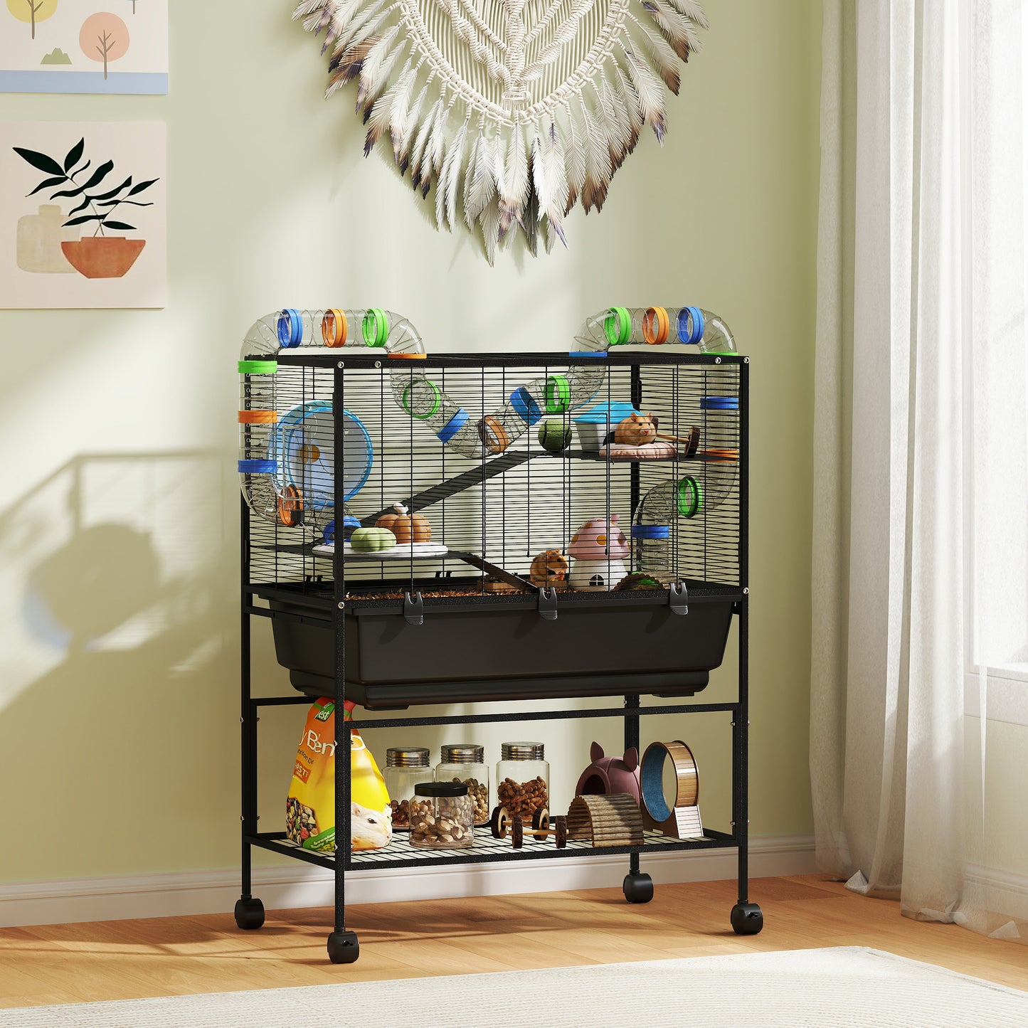 Hamster Cage, 3 Tier Gerbil Cage on Wheels with Storage Shelf