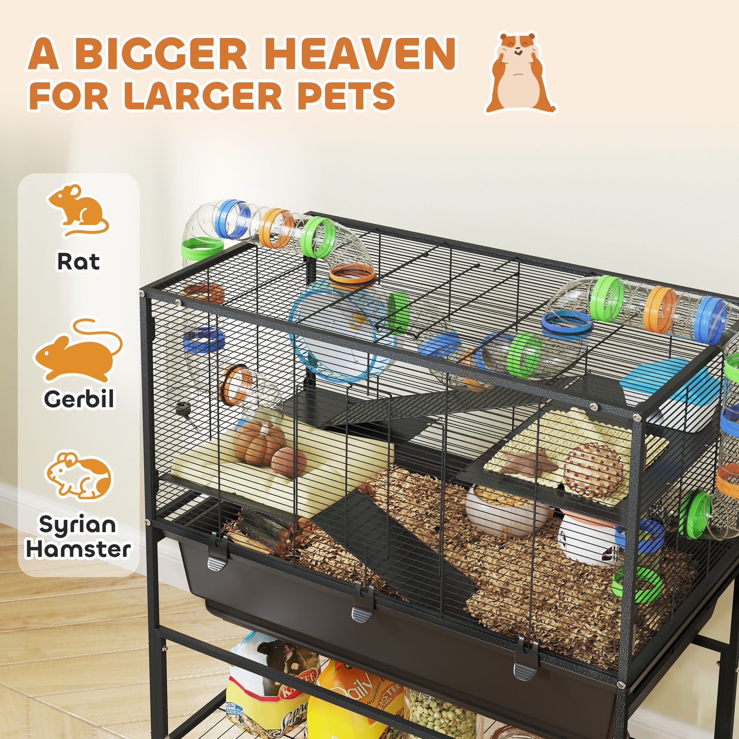 Hamster Cage, 3 Tier Gerbil Cage on Wheels with Storage Shelf