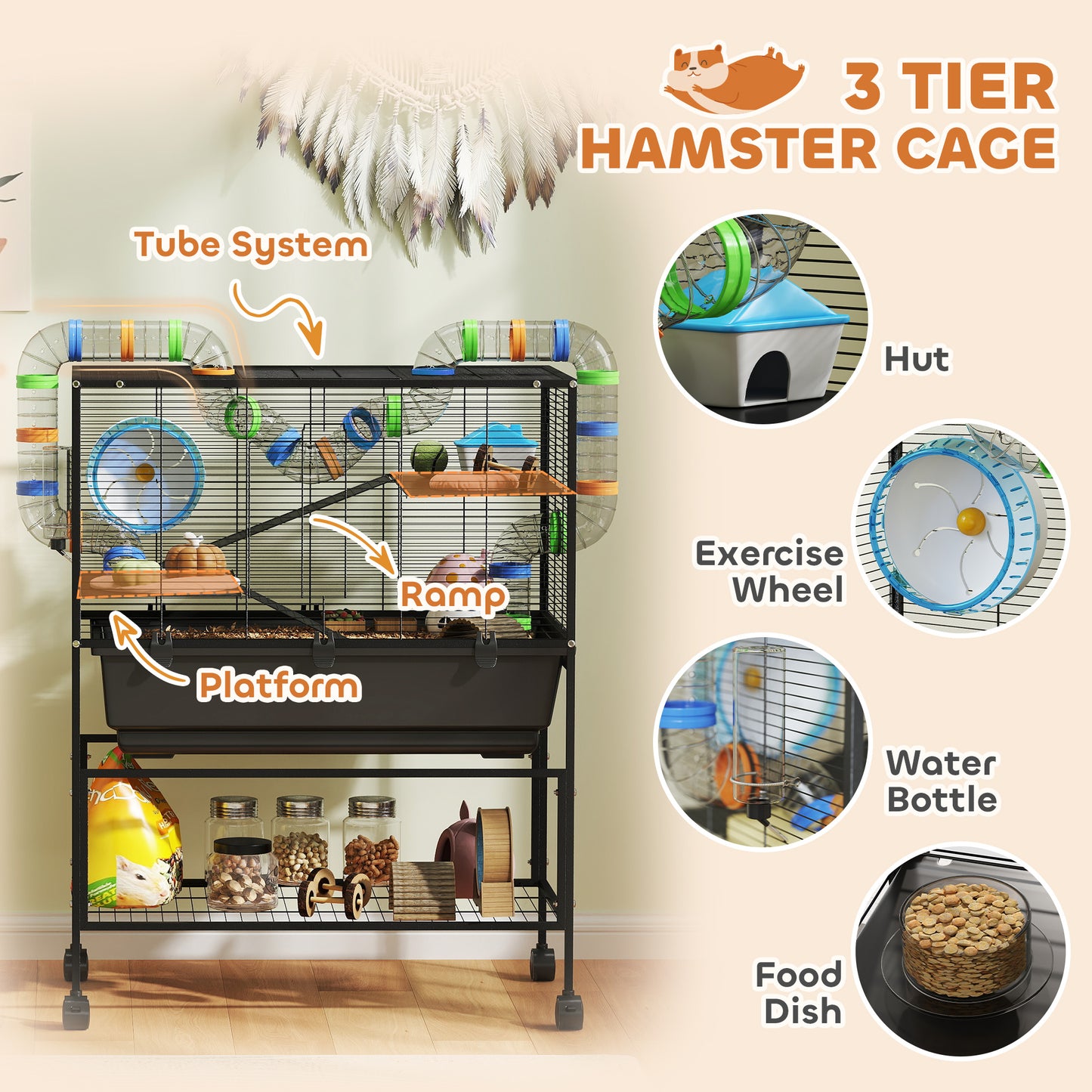 Hamster Cage, 3 Tier Gerbil Cage on Wheels with Storage Shelf