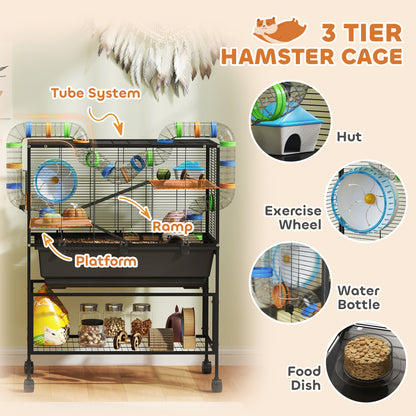 Hamster Cage, 3 Tier Gerbil Cage on Wheels with Storage Shelf