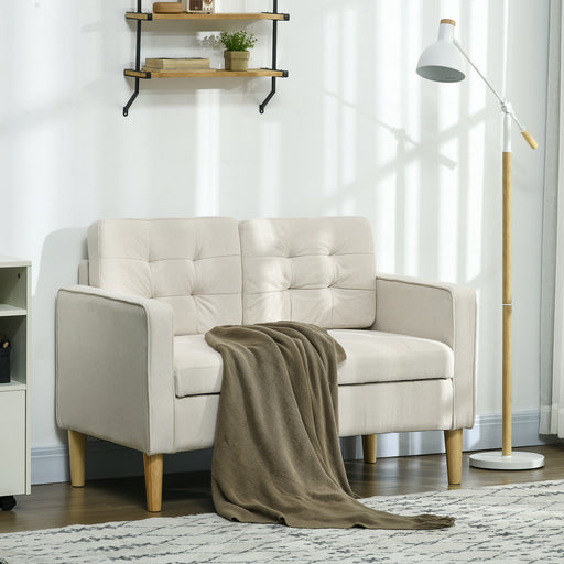 Modern Loveseat Sofa, Compact 2 Seater Sofa with Hidden Storage, 117cm Tufted Cotton Couch with Wood Legs, Cream White