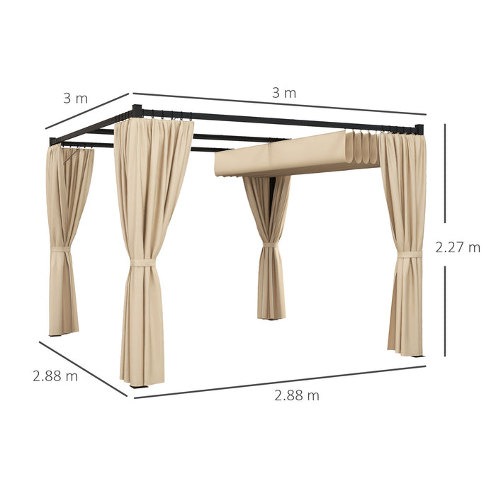 3 x 3(m) Retractable Pergola, Garden Gazebo Shelter with Curtains, for Grill, Patio, Deck, Beige