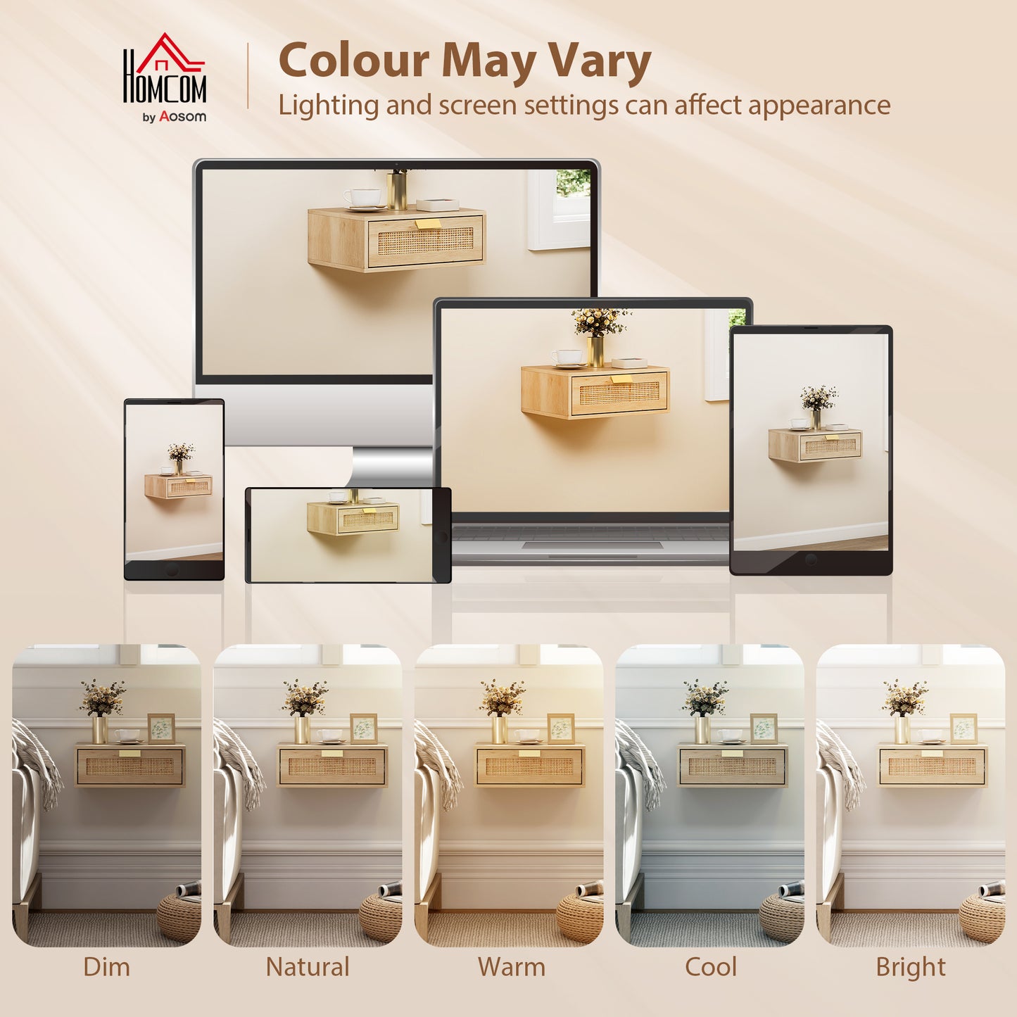 Floating Bedside Tables Set of 2, Boho Nightstands with Rattan Drawer