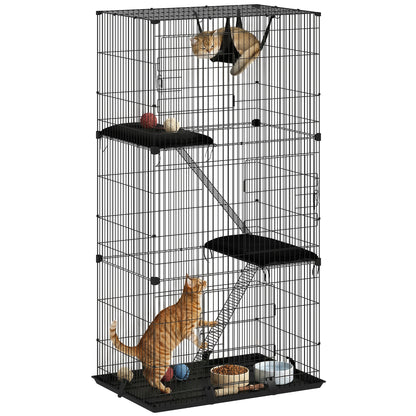3-Tier Large Cat Cage Indoor, Detachable Metal Wire Kennel with Hammock, Platforms, Bottom Tray and Cushions, Large Exercise Place with Ladders and 3 Front Doors for 1-2 Kittens, Black