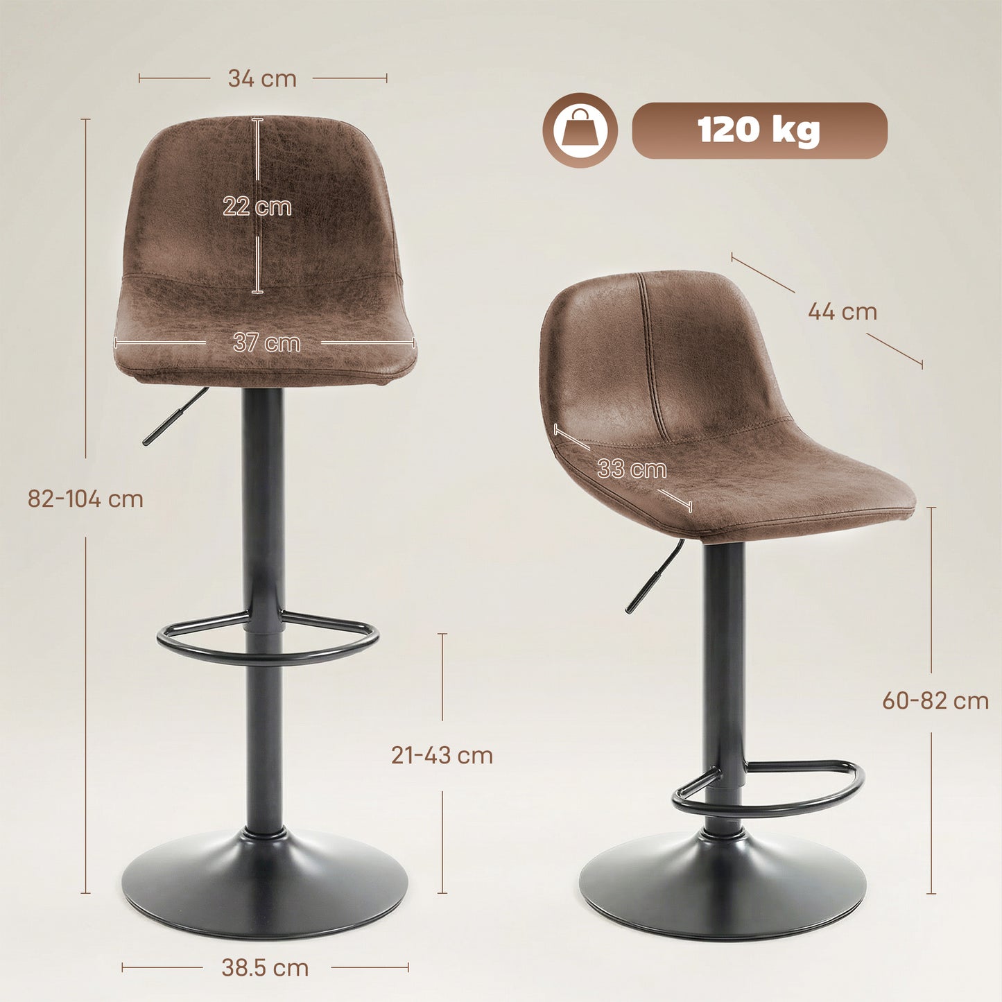 Bar Stools Set of 2, Modern Swivel Barstools for Dining Room, Brown