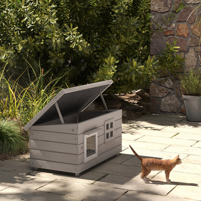 Wooden Cat House Outdoor with Openable Top, Asphalt Roof, Window Grey