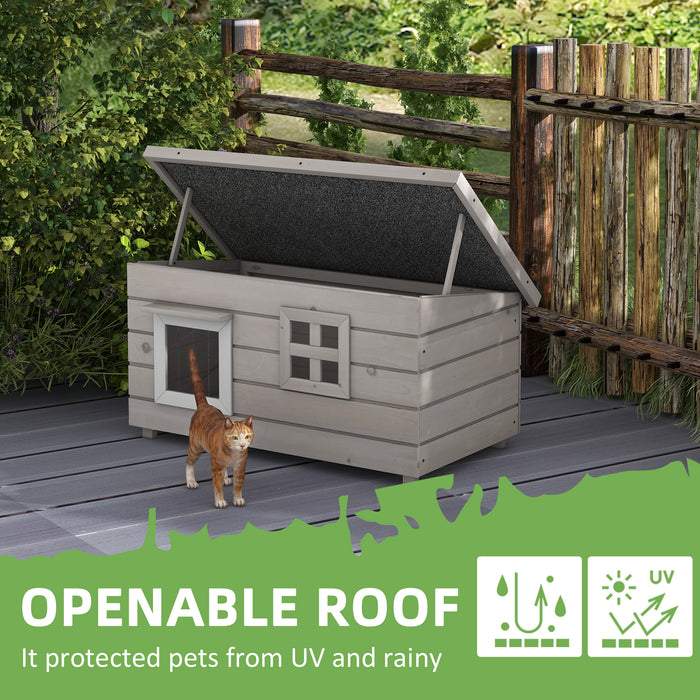 Wooden Cat House Outdoor with Openable Top, Asphalt Roof, Window Grey